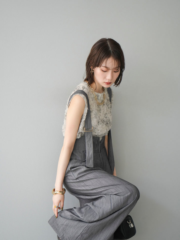 [SET]ストリングデザインハイウエストサロペット+ニュアンスフリンジジャガードノースリーブブラウス(2set)