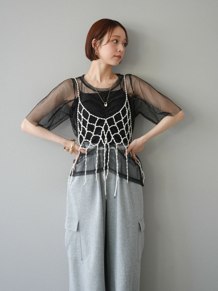 [SET]ラメチュールシャーリングプルオーバー+パールフリンジビスチェ+ウエストラインサイドポケットスウェットパンツ(3set)