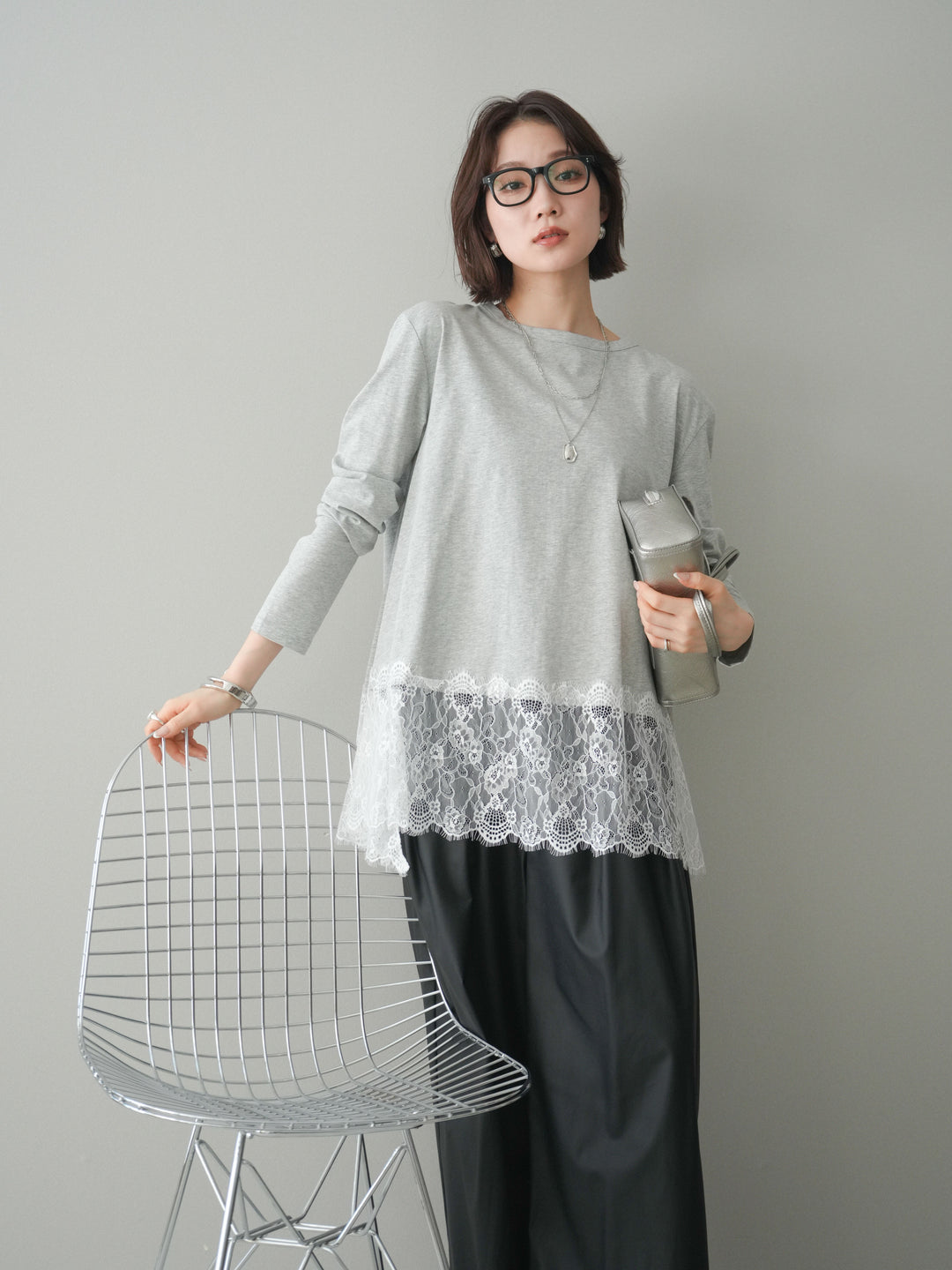 [SET]裾レースロングスリーブTシャツ+選べるアクセセット(2set)