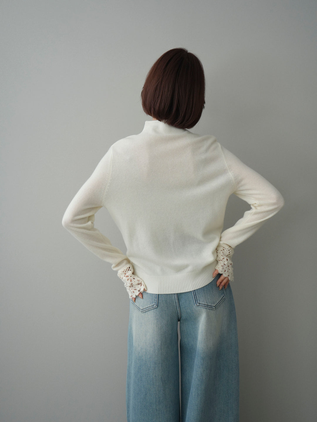 [SET]袖スカラップレースフロントボタンウールニットトップス+ベルト付裏起毛カーブデニムパンツ(2set)