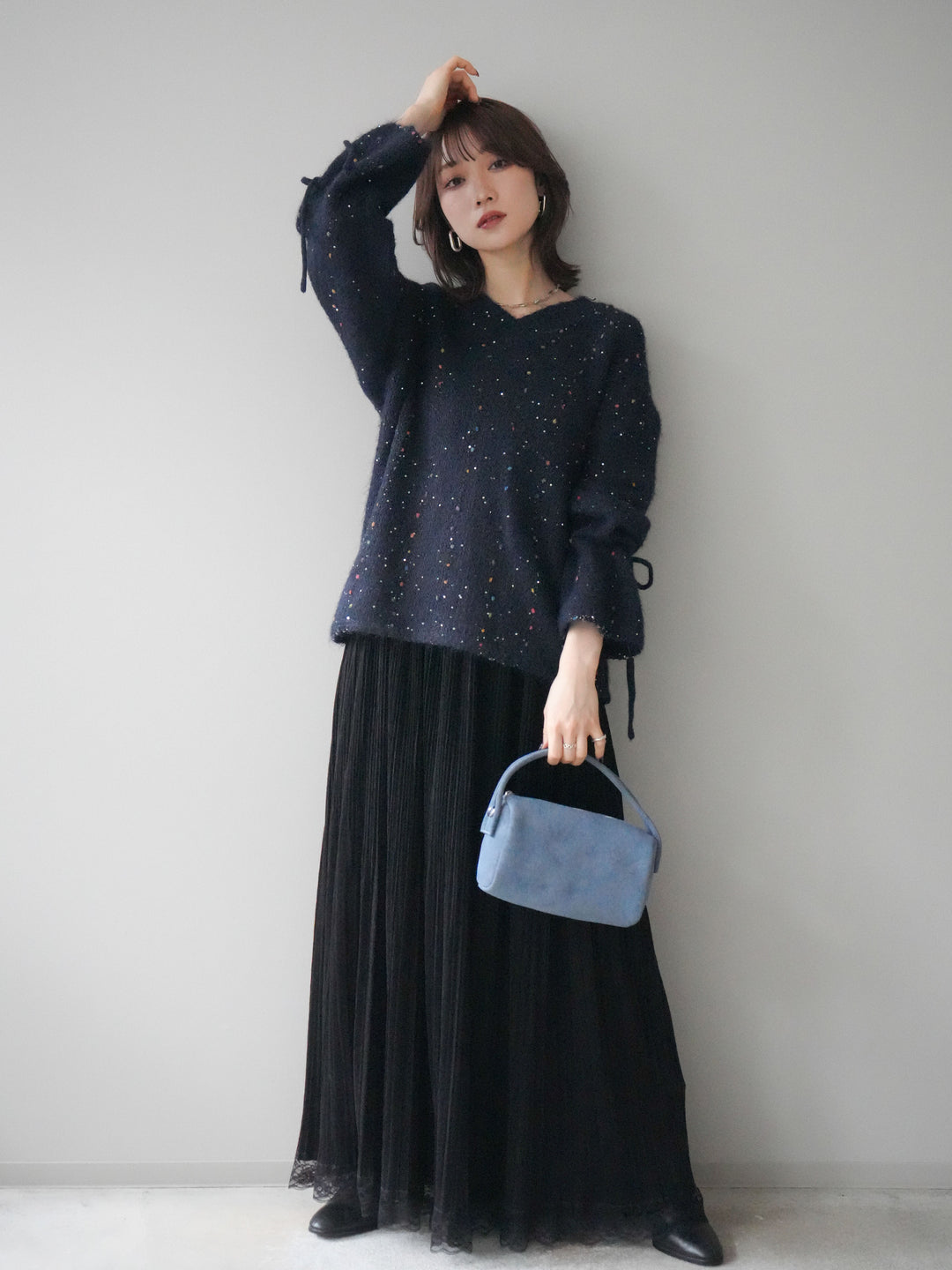 [SET]キャンディースリーブカラーネップスパンコールニットプルオーバー+裾レーススウェードプリーツマキシスカート(2set)