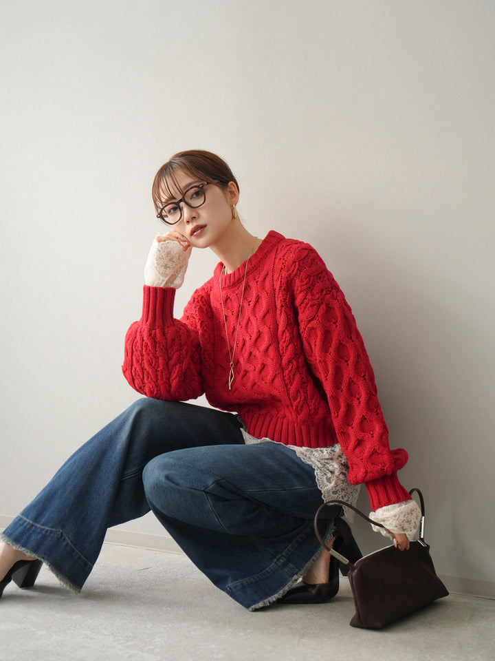 [予約]バルキーケーブルクロップドニットプルオーバー/red