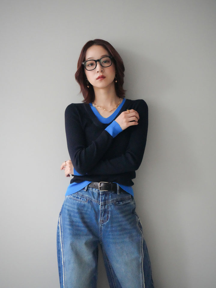 [SET]Uネック配色レイヤードリブニットトップス+サイドフリンジワイドデニムパンツ(2set)