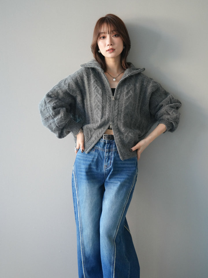 [予約]ケーブル編みハイネックZIPニットカーディガン/gray