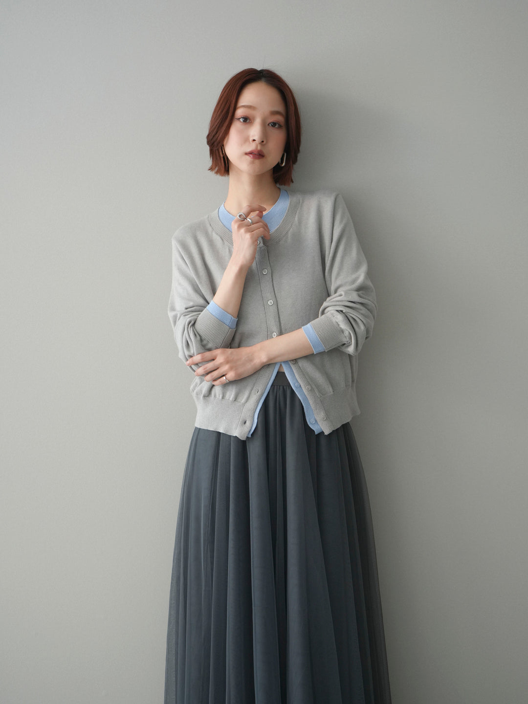 [予約]配色レイヤードコットンアクリルニットカーディガン/mokugray