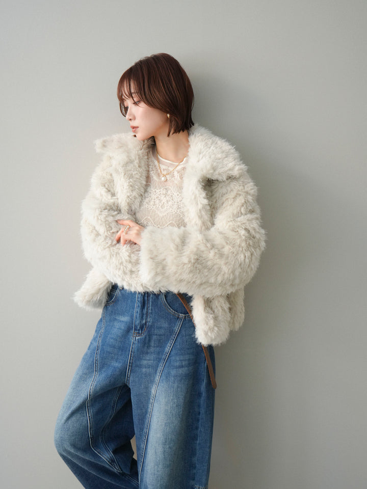 [予約]フェイクファー襟付きショートブルゾン/ivory