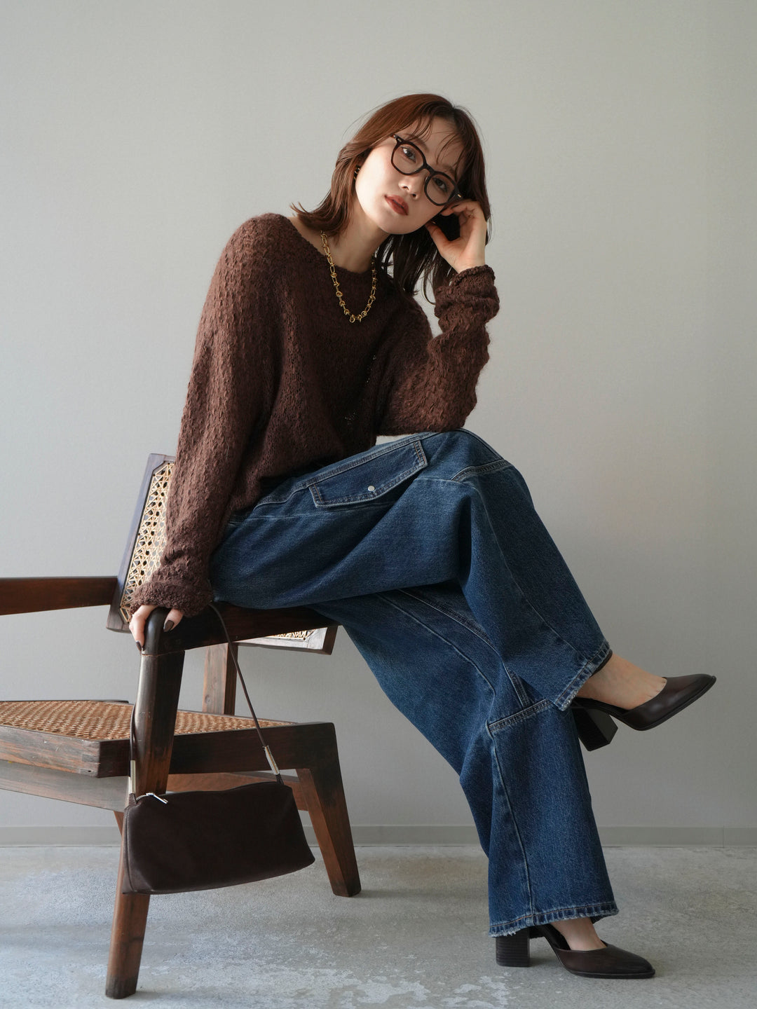 [予約]透かし編みモヘアタッチポコポコニットプルオーバー/brown