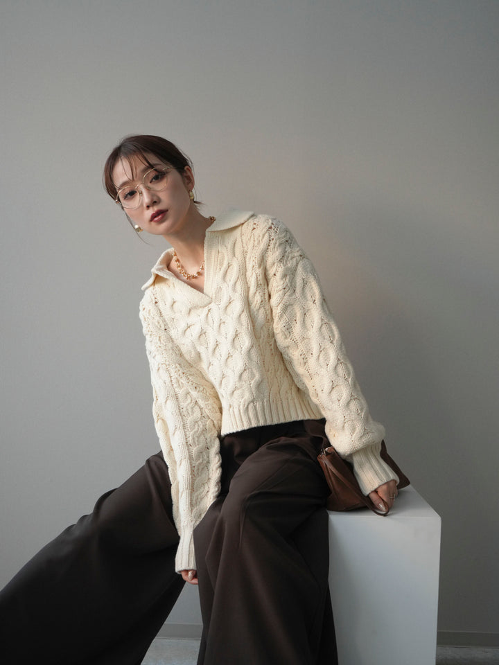 [SET]バルキーケーブルクロップド開襟プルオーバー+テープベルトタックバギーパンツ(2set)