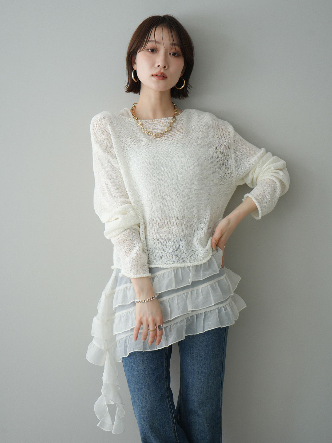 [予約]ラッフルオーガンジータンクトップ＆ニットアンサンブル/white