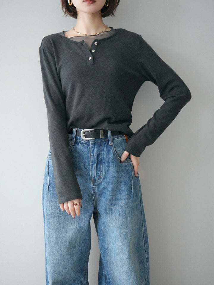 [予約]チュールレイヤードヘンリーネックカットソー/charcoal