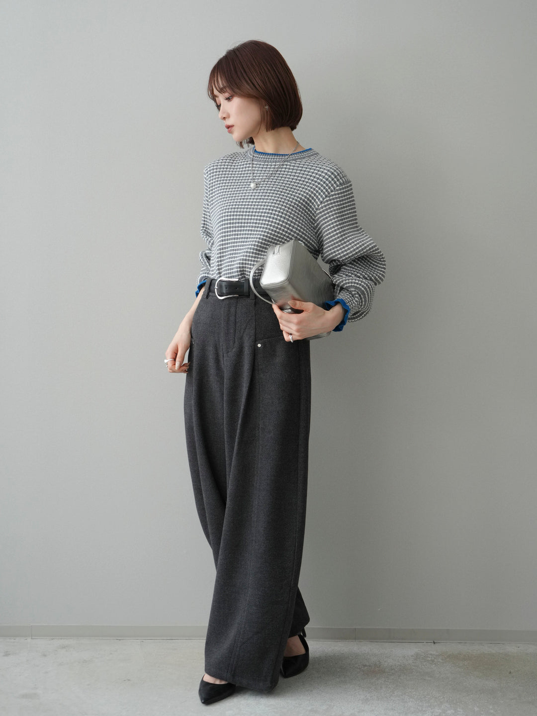 [SET]ラメ異素材ボーダーリブニットプルオーバー+ベルト付起毛コクーンパンツ(2set)