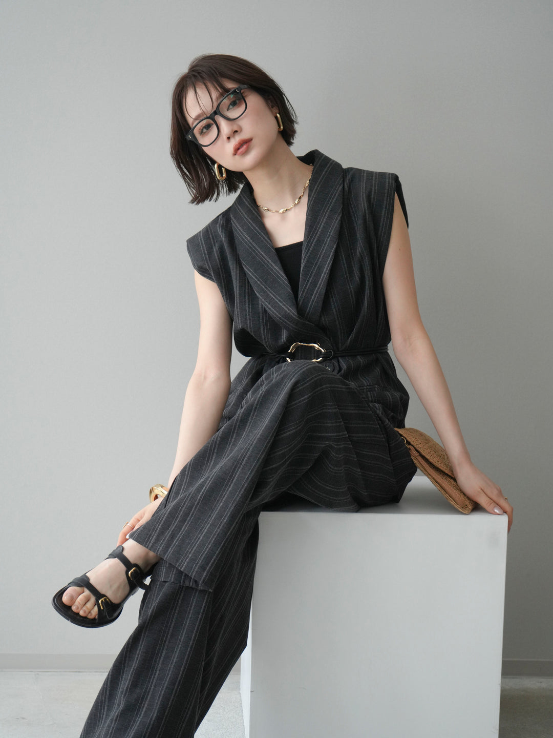 [SET]モチーフベルト付ストライプジレ＆パンツSETUP