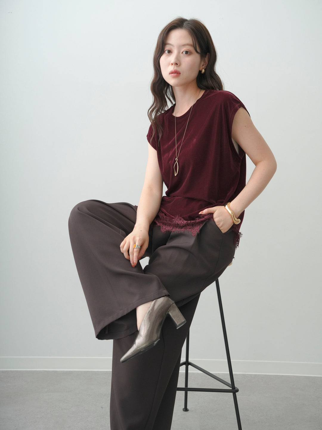 [SET]ベロアレースコンビアシメノースリトップス+ベルトループデザインワイドパンツ(2set)