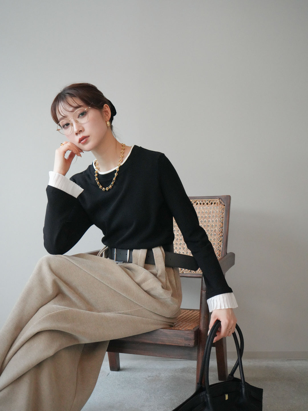 [SET]袖プリーツ配色レイヤードトップス+ベルトデザインループコールテンワイドパンツ(ベルト付き)(2set)