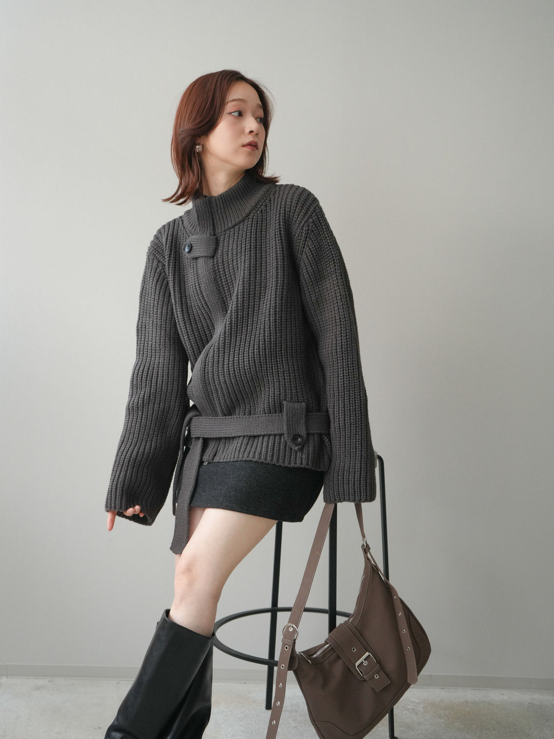 [SET]畦編みボトルネックZIPニットカーディガン+ウールタッチベルト付ミニスカート(2set)
