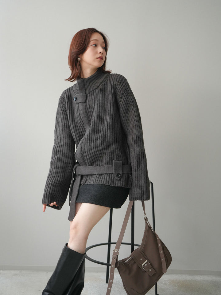 [SET]畦編みボトルネックZIPニットカーディガン+ウールタッチベルト付ミニスカート(2set)