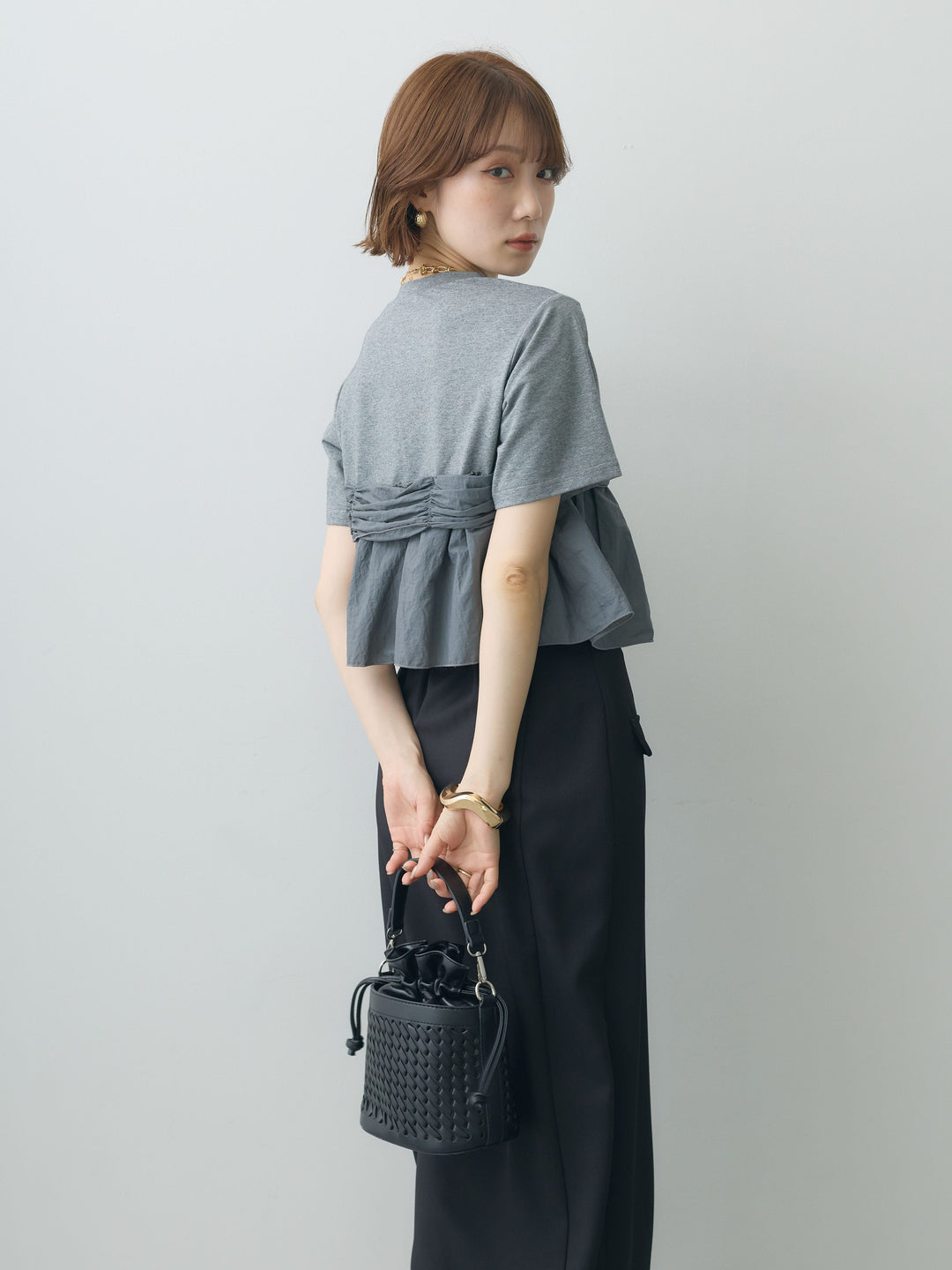 【着回しセット】[SET]ナイロンドッキングツイストTEE +ナイロンドッキングツイストTEE +クレープデシンフラップ付きストレートスカート(3set)