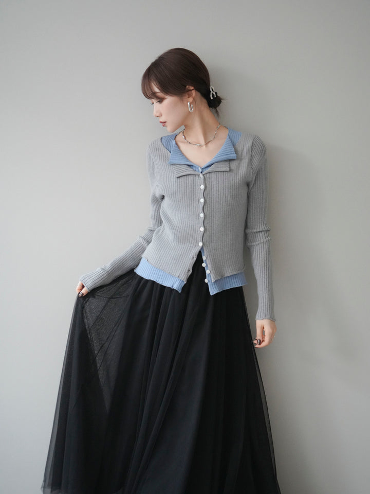 [予約]配色レイヤードリブニットカーディガン/gray