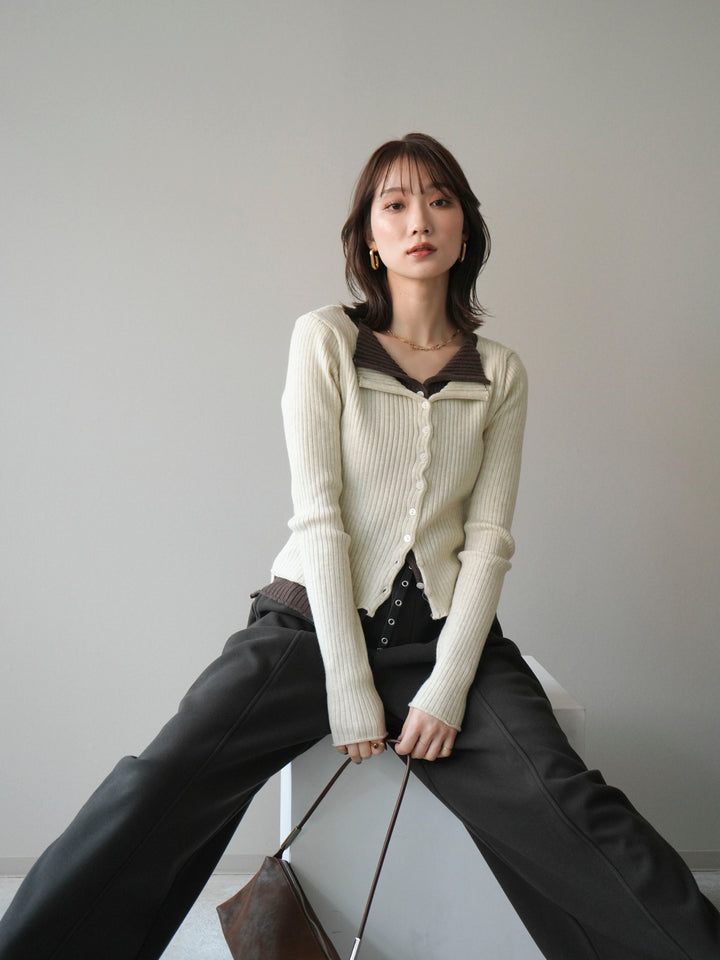 [予約]配色レイヤードリブニットカーディガン/ivory