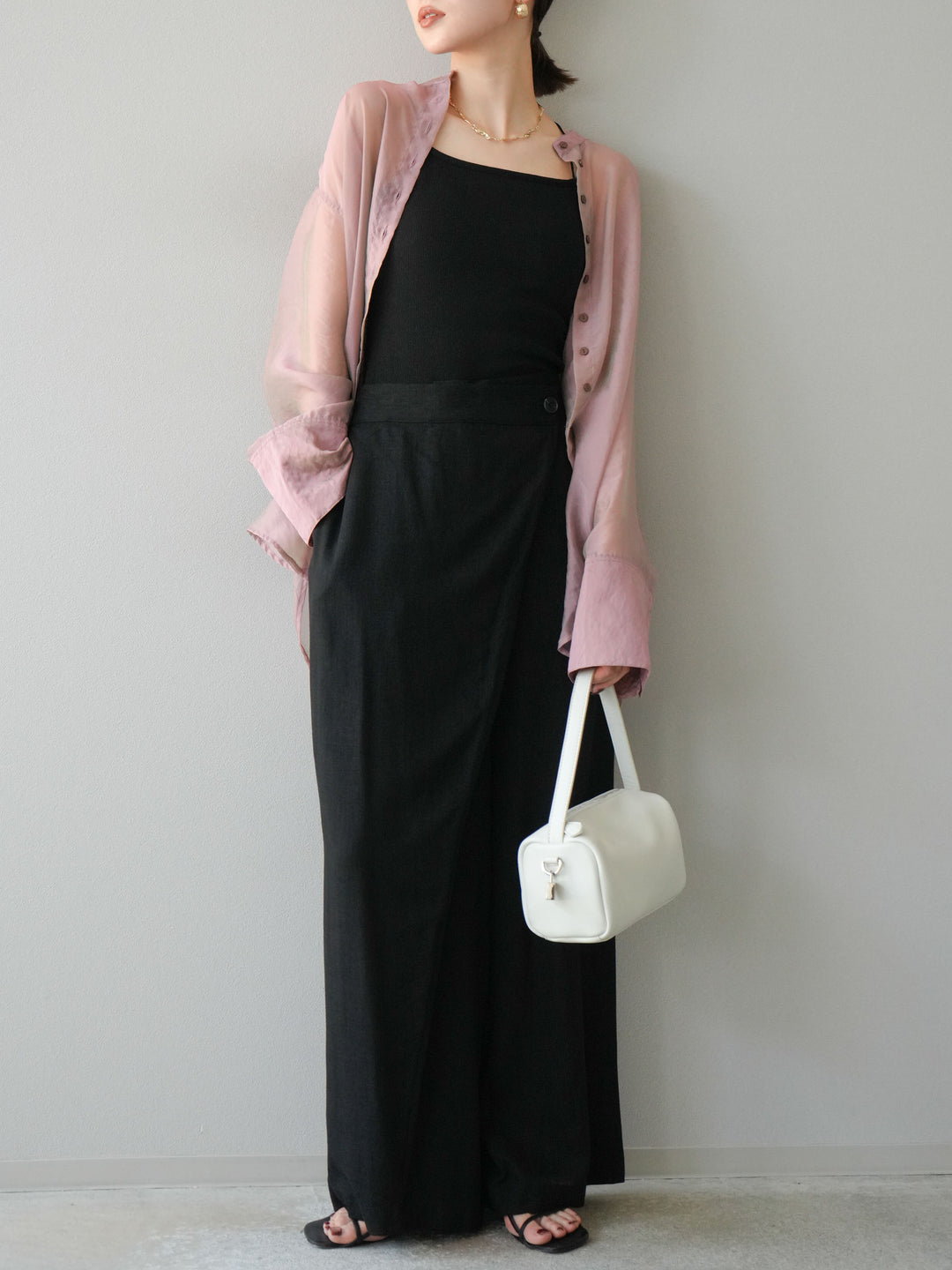 [予約]ライトリネンアシンメトリーワイドパンツ/ブラック