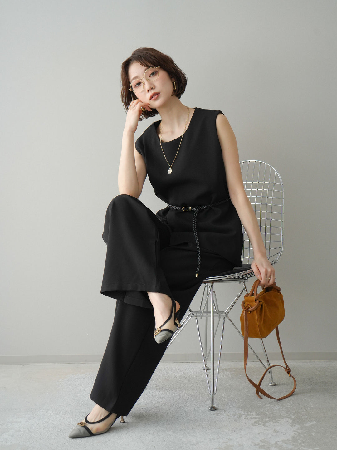 [SET]ベルト付ノースリーブトップス＆ワイドパンツSETUP