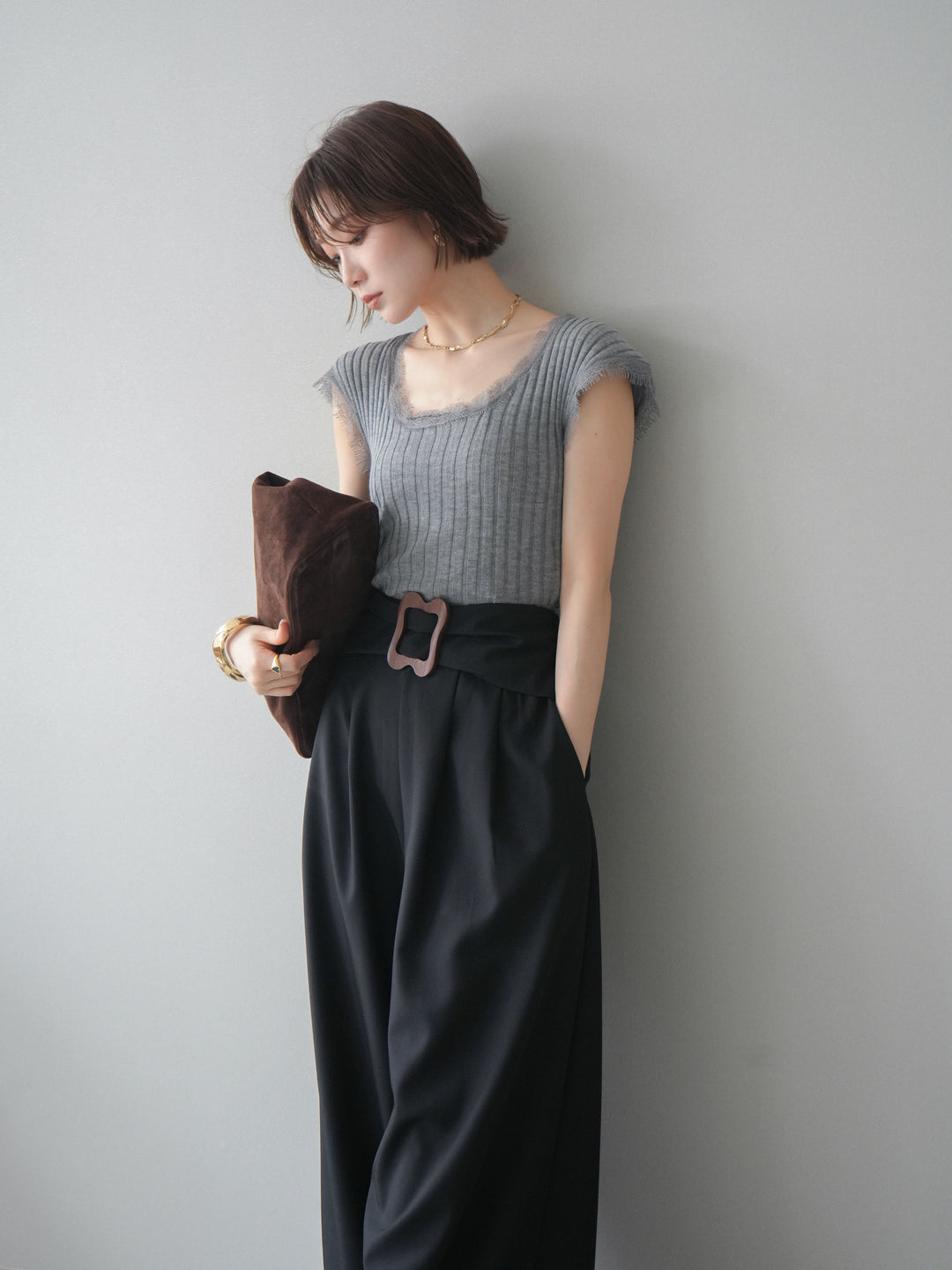 [予約]レーストリムリブニットトップス/gray