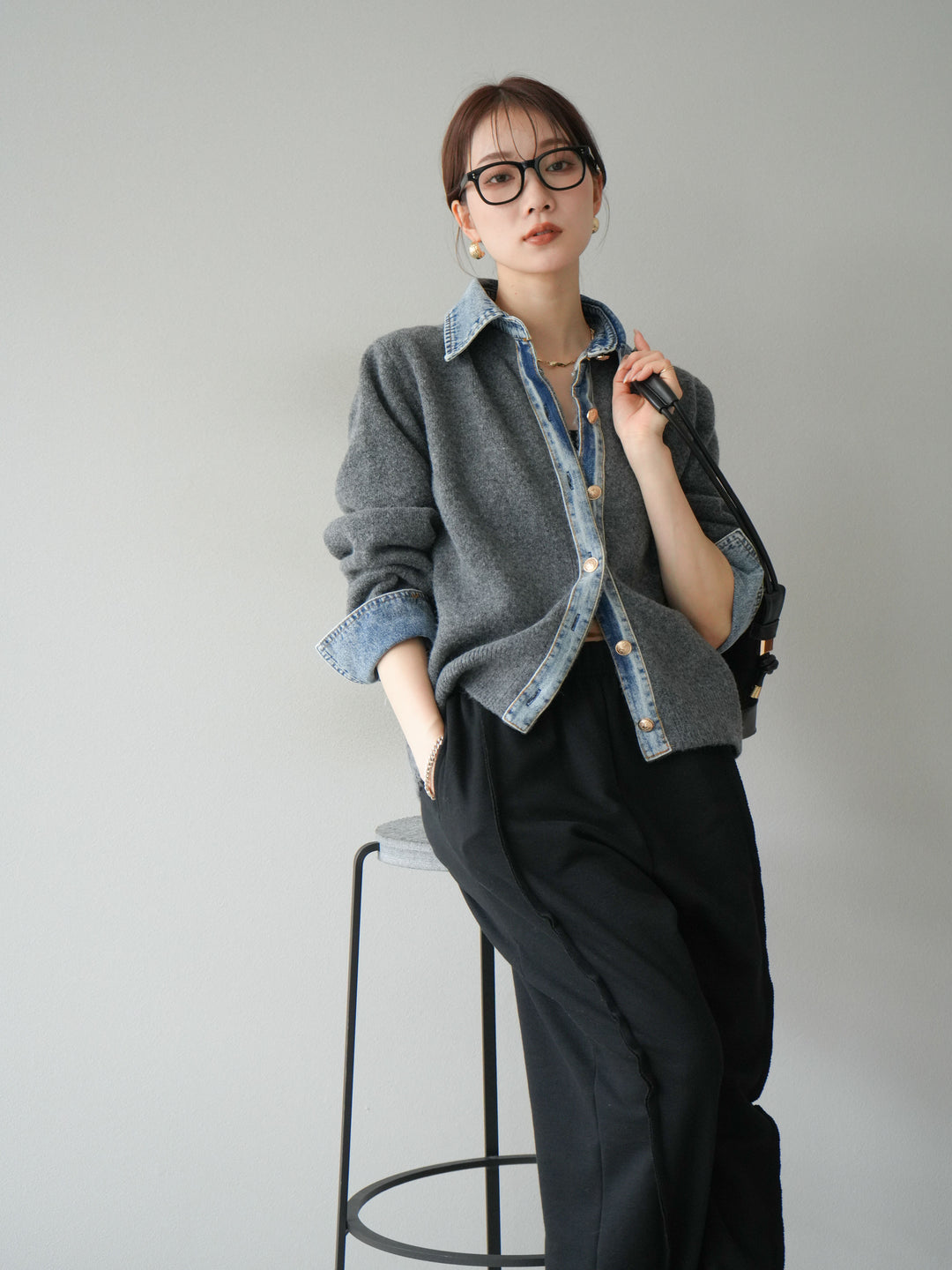 [SET]デニム襟ボタンニットカーディガン+2WAYデザインスウェットパンツ(2set)