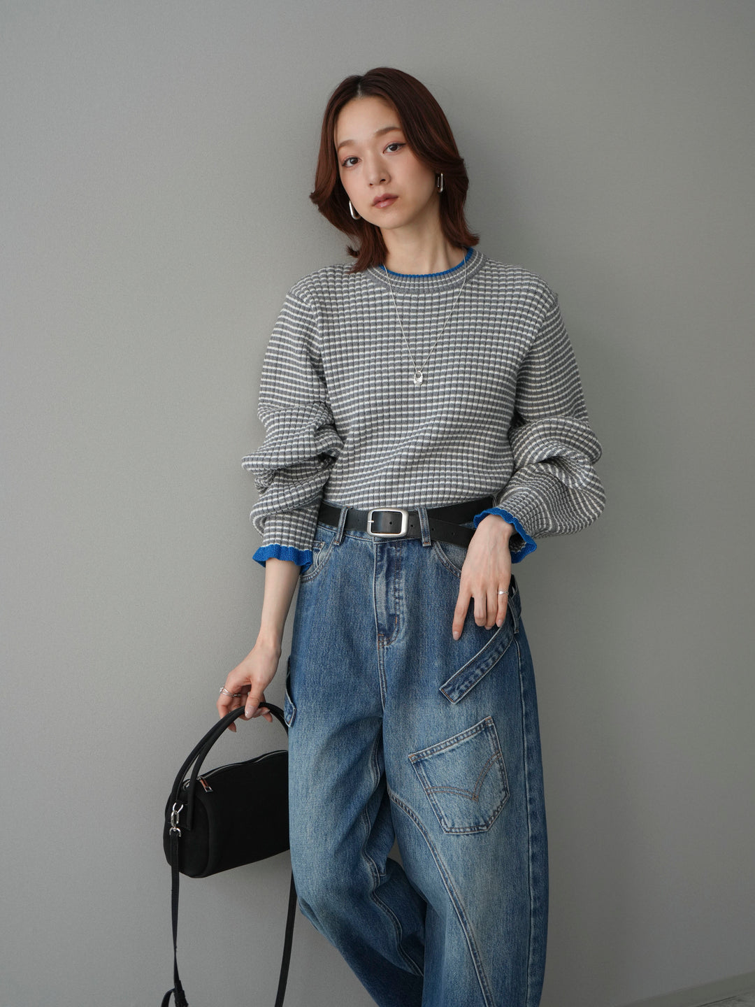 [SET]ラメ異素材ボーダーリブニットプルオーバー+ペインターカーブデニムパンツ(2set)