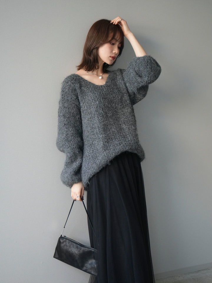 [予約]ウールタッチラメミックスヤーンVネックニットプルオーバー/charcoal