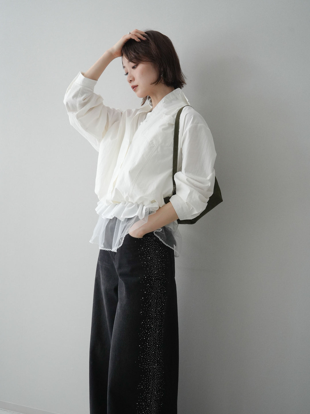 [予約]裾チュールノースリーブカットソー＆シャツドッキングトップス/white