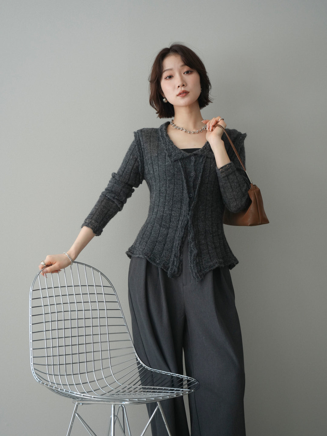 [予約]透かし襟モヘアタッチニットカーディガン/charcoal