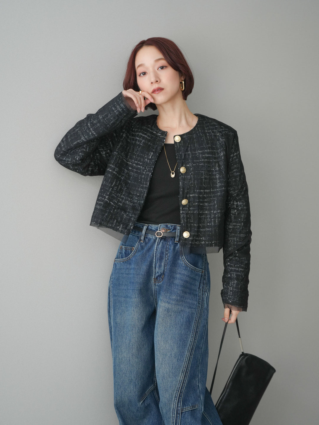 [予約]チュールレイヤードツイードクロップドジャケット/black