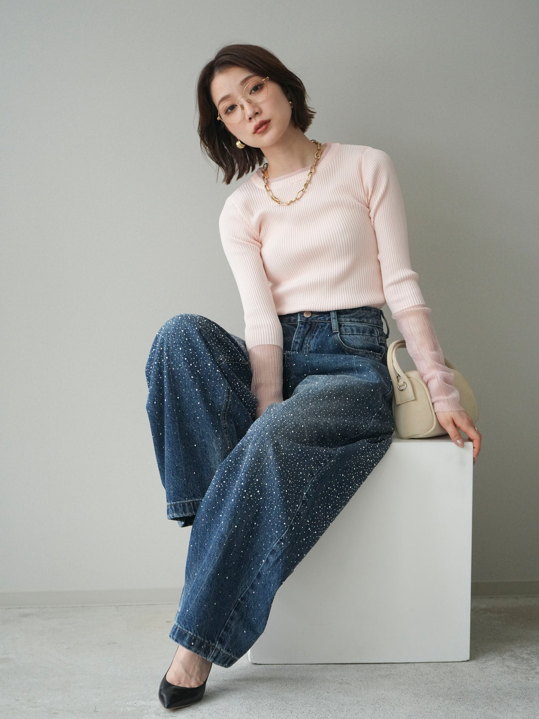 [予約]リブラメシアー切替リブニットトップス/pink