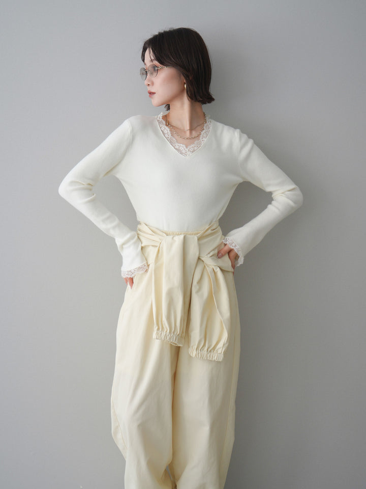 [SET]レースドッキングVネックニットトップス+ウエスト巻きデザインドロストコットンナイロンパンツ(2set)