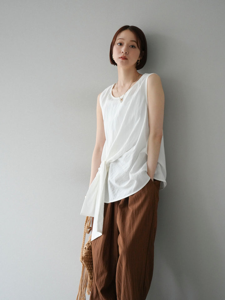 [SET] 前裹式無袖上衣+麻質下擺回型寬褲（2件組）