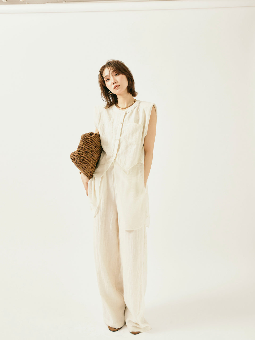 [SET]オーガンジーヘムブラウス＆ワイドパンツSET UP(2set)