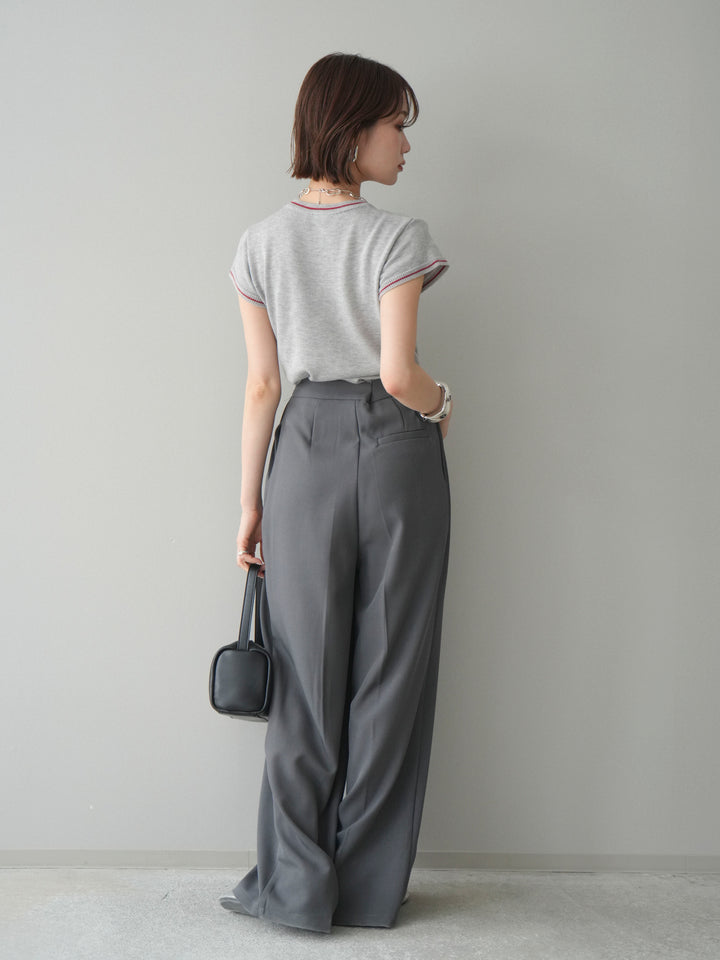 [SET]配色ハーフスリーブニットトップス+メニータックワイドパンツ(2set)