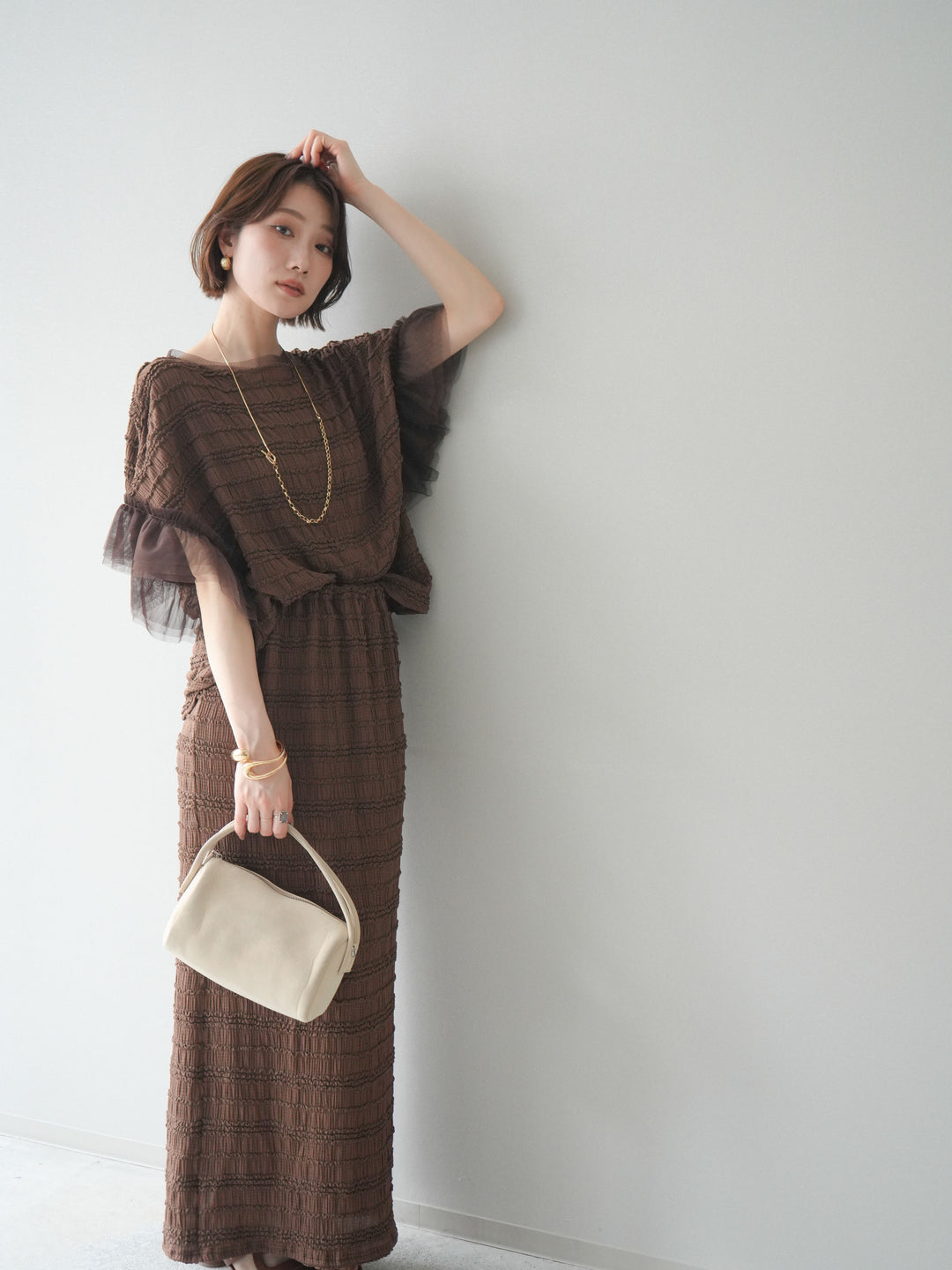 [SET]チュール袖リップルトップス+リップルIラインスカート(2set)