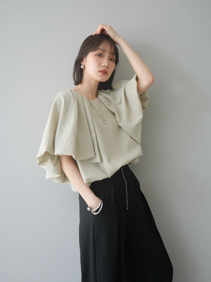 [SET] 燈籠袖褶襉設計上衣 + 拉鍊褶襉寬褲 (2 套)