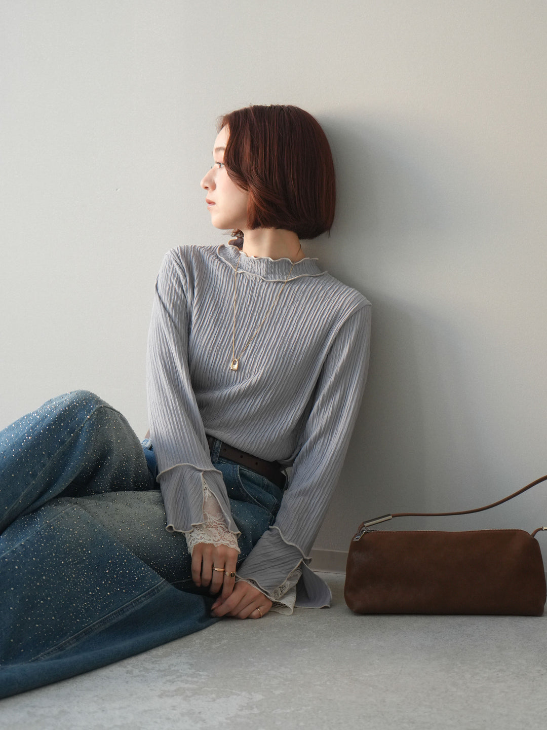 [予約]袖レース楊柳メロートップス/lightgray