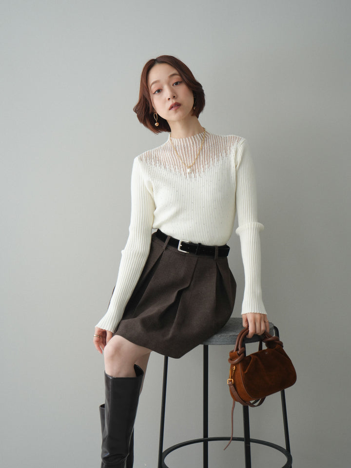 [SET]シアー切替スパンコールリブニットトップス+ベルト付きタックミニスカート(2set)