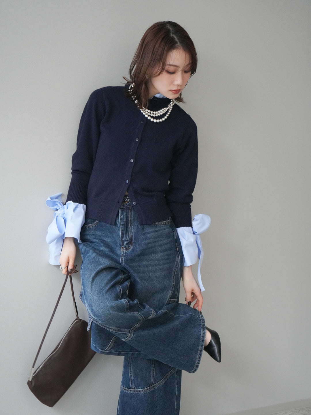 [予約]ウールライクリボンシャツカーディガン/navy