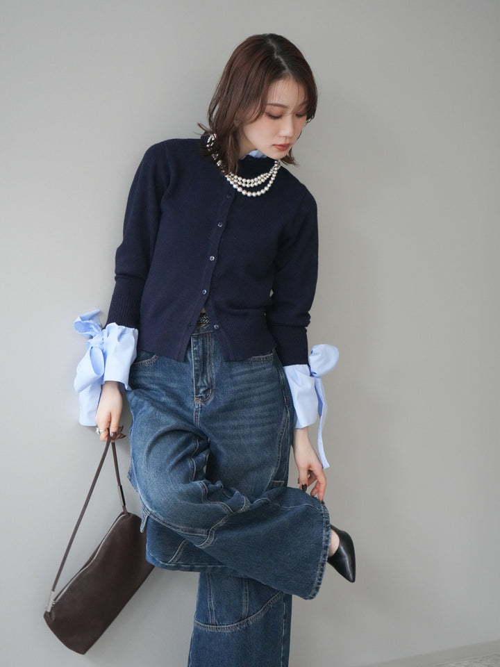 [予約]ウールライクリボンシャツカーディガン/navy