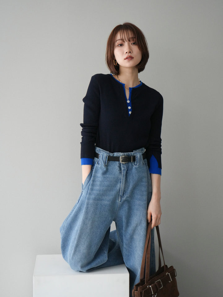 [SET]バイカラーキーネックリブニットトップス+ハイウエストベルトループデザインデニムパンツ(2set)