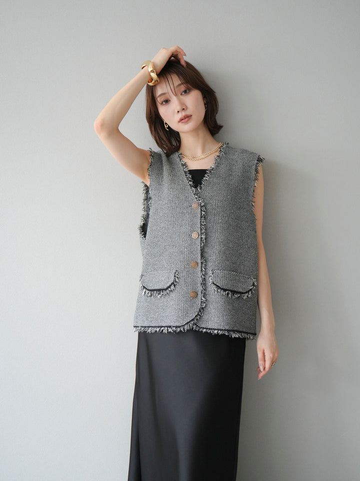 [予約]ツイードライクフリンジニットベスト/ブラック