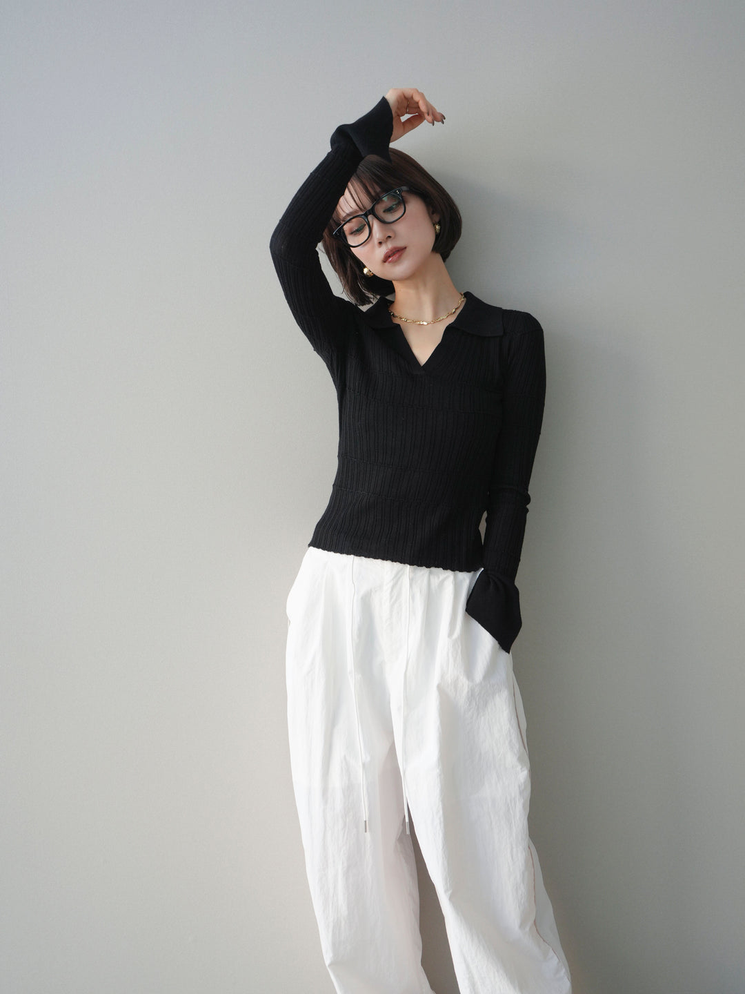 [予約]シアーリブスキッパーニットトップス/black