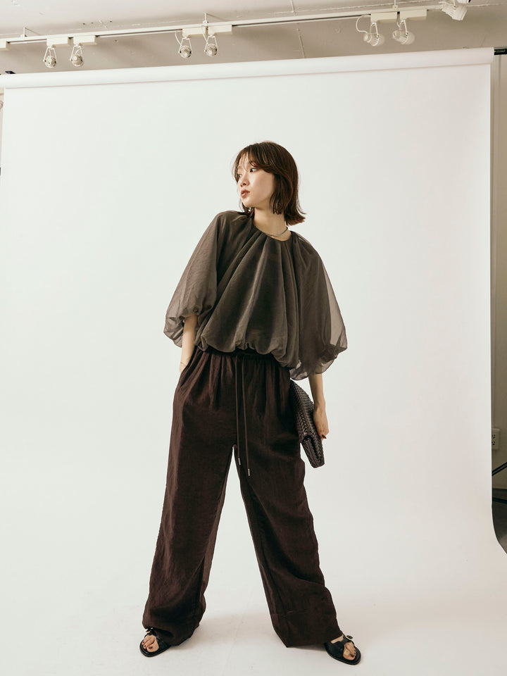 【Allure】[SET]オーガンジーバルーンショートブラウス+シャイニースラブシアーワイドパンツ(2set)