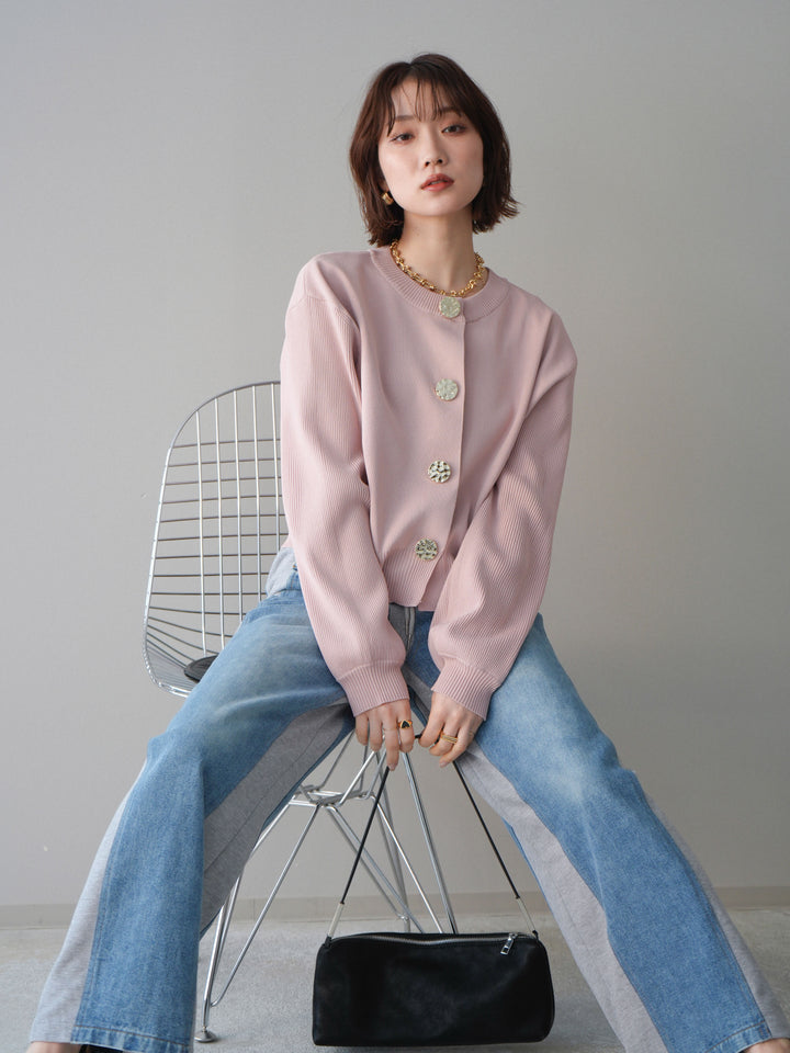 [SET]メタルボタンクルーネックニットカーディガン+デニム切替スウェットパンツ(2set)