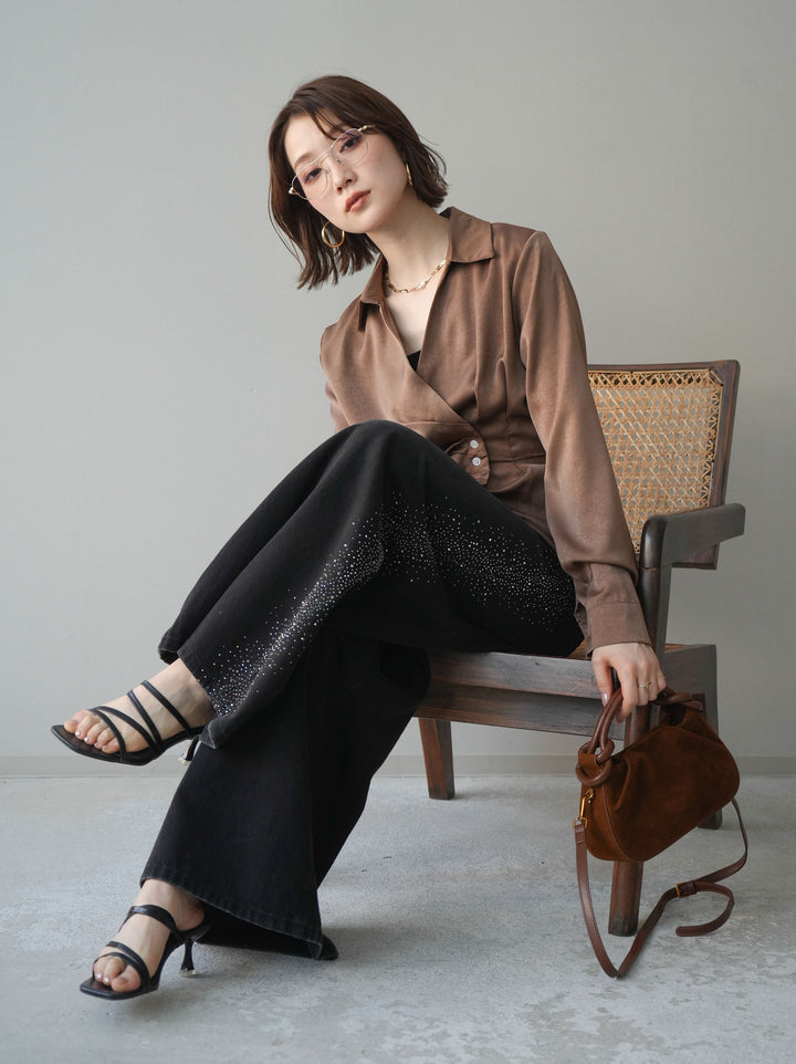 [予約]サイドギャザーアシンメトリーデザインサテンブラウス/brown