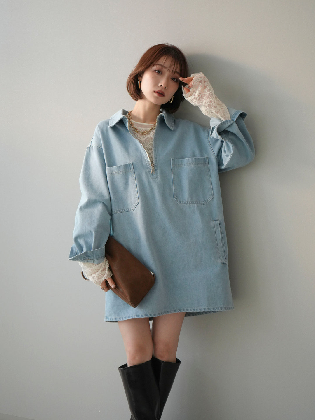 [SET]ハーフジップデニムミニワンピース+チュールレーストップス(2set)